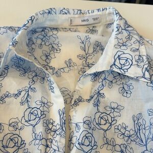 MNG White Button-Down Shirt with Blue Floral Outline